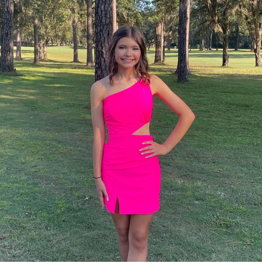 One-Shoulder Neon Pink Cutout Homecoming Dress